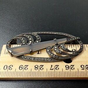 Vintage Antique Unique Sterling Silver Brooch with Gemstone and Marcasite